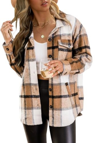 AUTOMET Womens Flannel Plaid Shackets Jackets 2025 Long Sleeve Shirts Tops Fashion Corduroy Winter Clothes with Pockets Apricot S | Amazon (US)