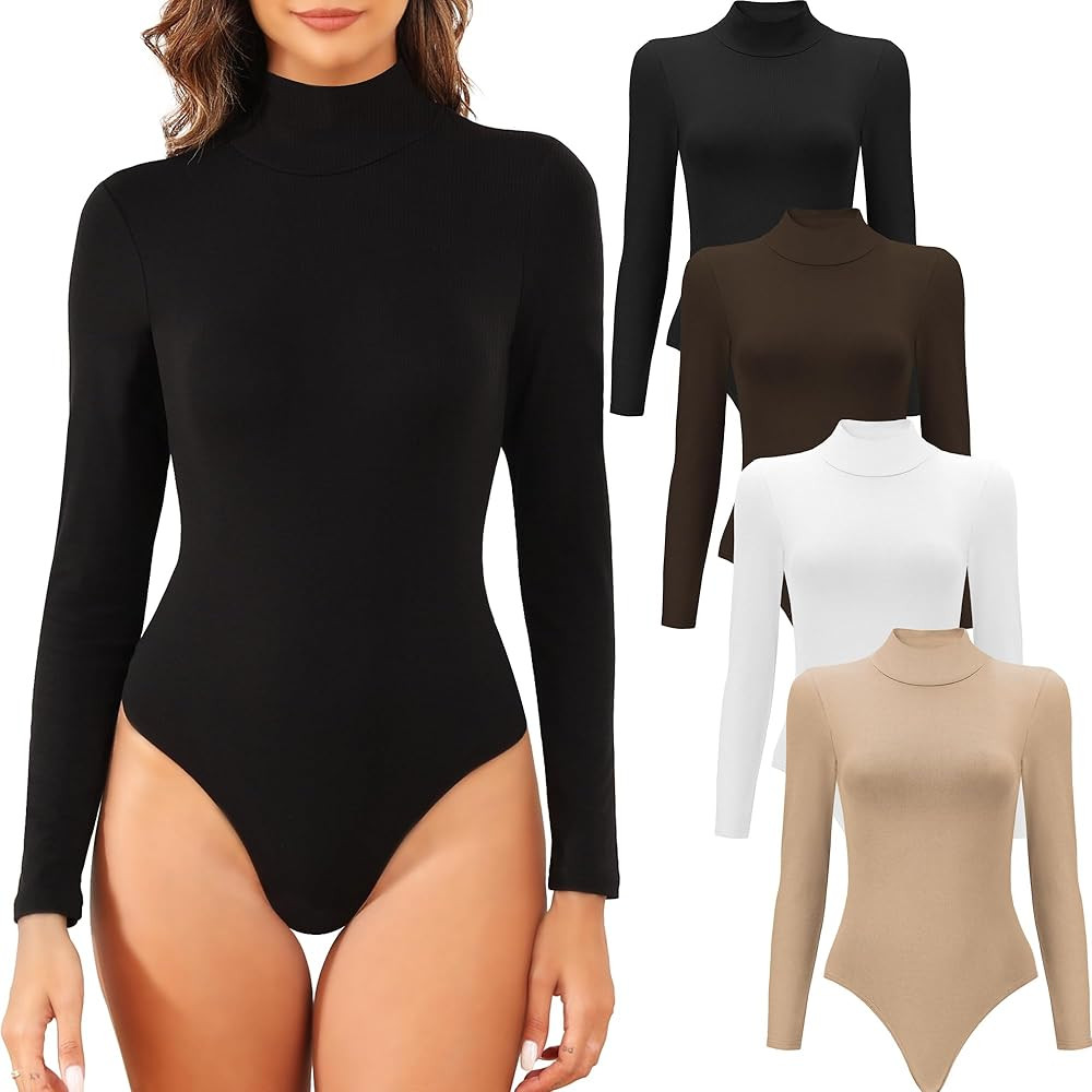 4/5 Pack Long Sleeve Bodysuit for Women Mock Turtleneck Casual Basic Stretchy Body Suits Tops | Amazon (US)