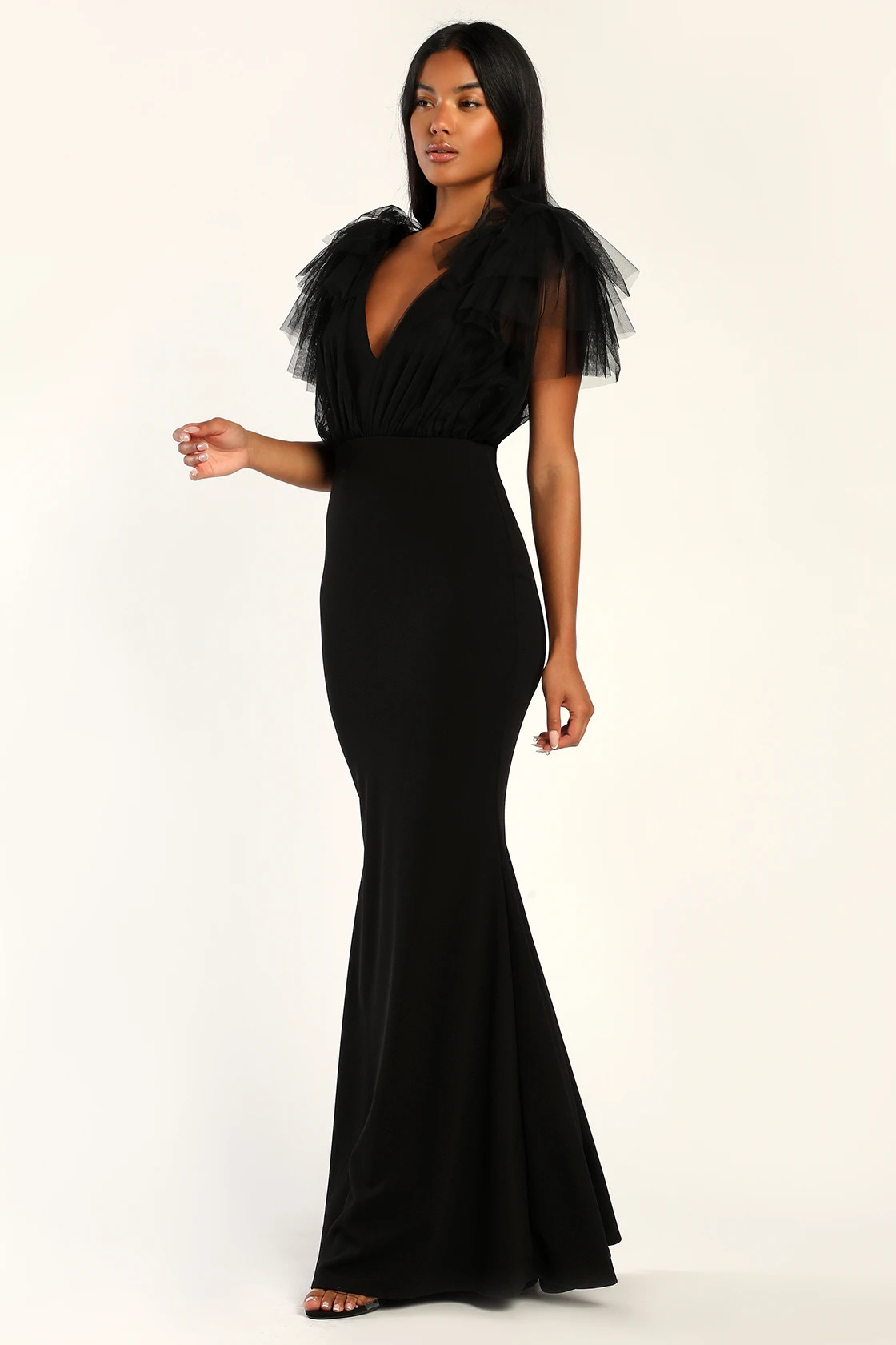 Fabulous Fun Black Tulle Flutter Sleeve Mermaid Maxi Dress | Lulus