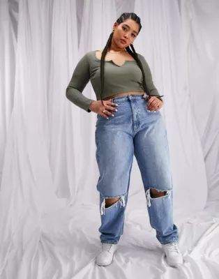 ASOS DESIGN Curve high waist 'slouchy' mom jeans in stonewash with rips | ASOS (Global)