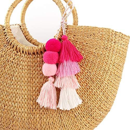 QTKJ Colorful Bohemian Pompom Tassel Keychain Handbags Straw Bag Charms Ornaments Key Ring Pompom... | Amazon (US)