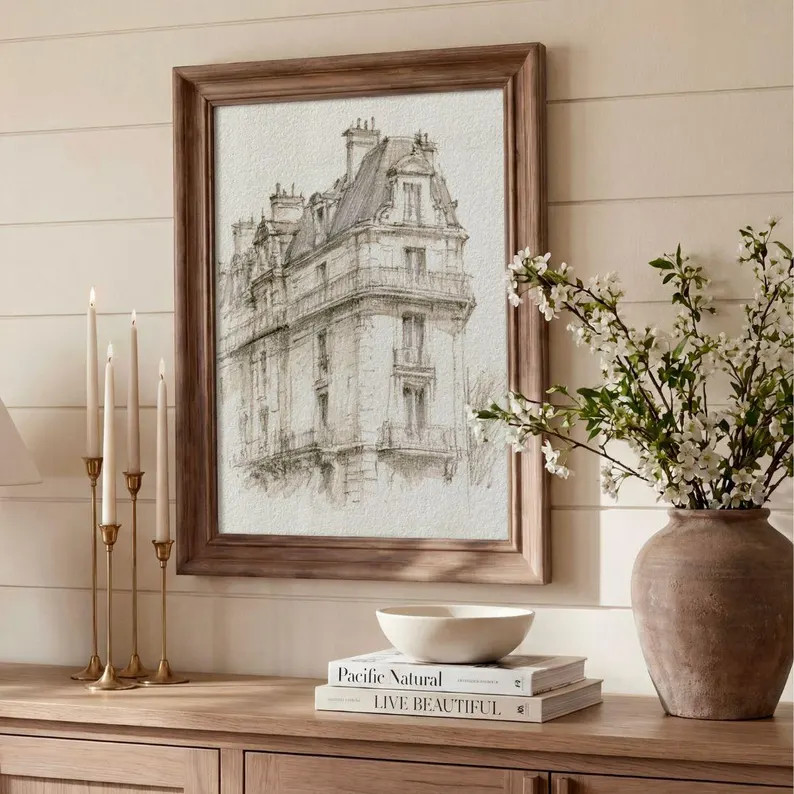 Paris Architecture Wall Art Print, French Sketch Artwork, Neutral European Building Drawing, Eleg... | Etsy (Global)