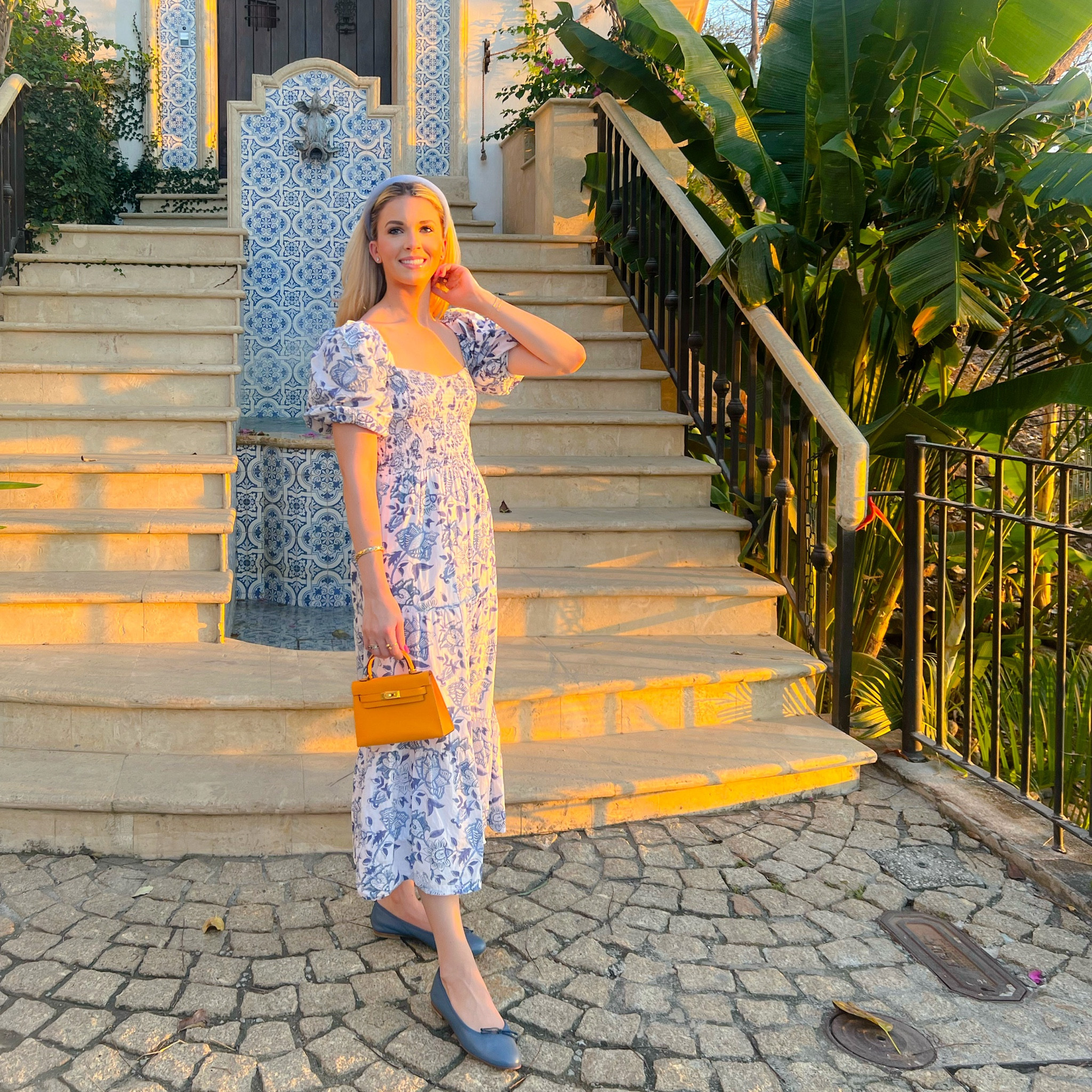 Blue and white toile dress with a coordinating headband and ballet flats. 

#LTKSeasonal #LTKFindsUnder50 #LTKTravel