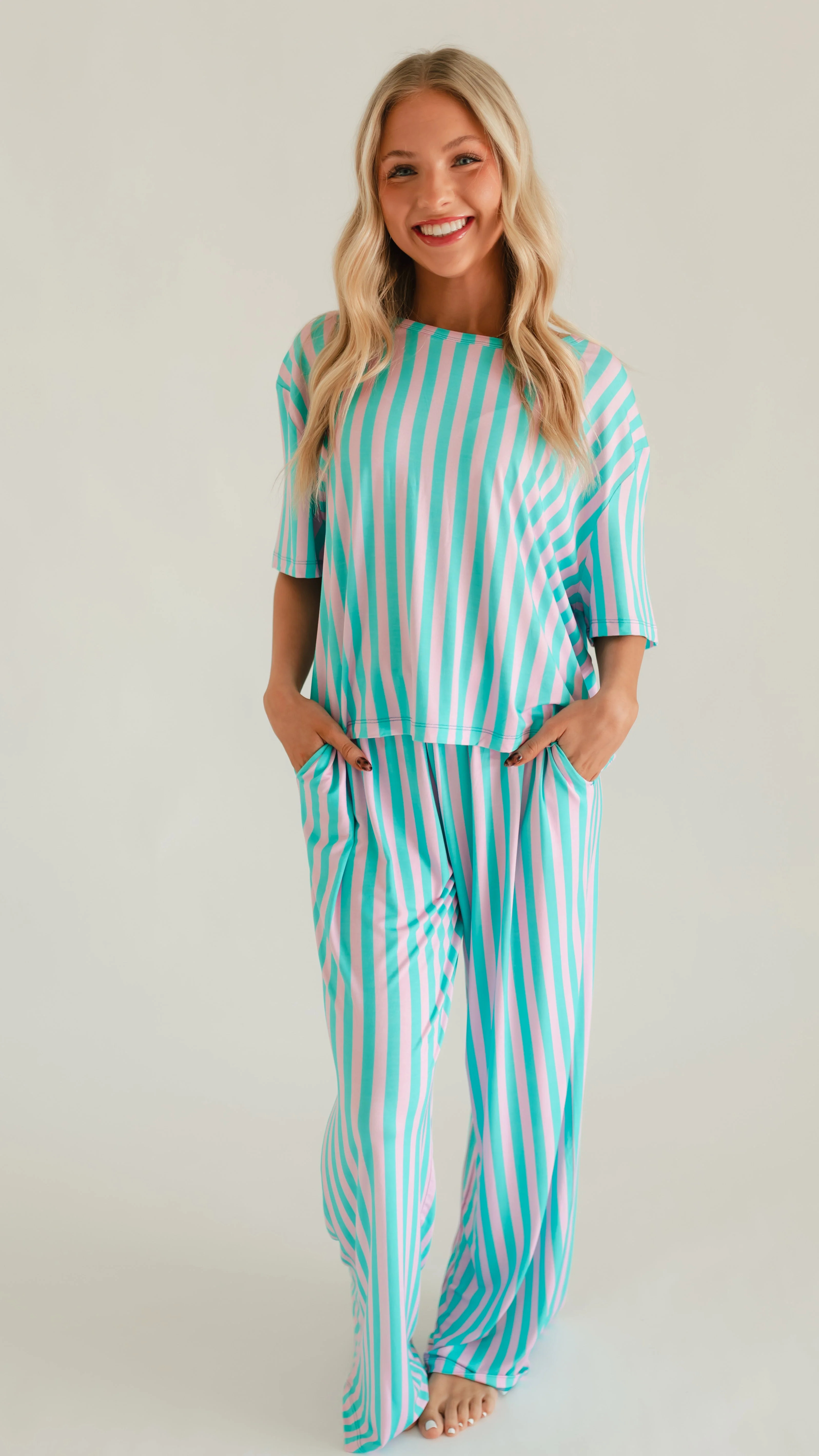 Women's T-Shirt and Pants Set in Cotton Candy Stripes | Silks Design