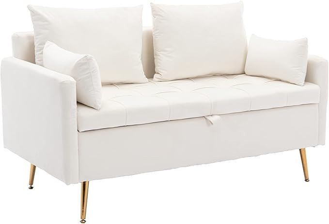 Velvet Fabric Loveseat Sofa Chair Storage 52” Upholstered Couch Sofa with 4 Pillows Golden Legs... | Amazon (US)