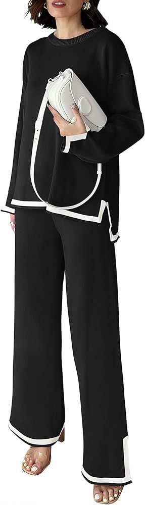 PRETTYGARDEN Women's 2 Piece Knit Sweater Set Casual Long Sleeve Pullover Wide Leg Pants Sweatsuit T | Amazon (US)