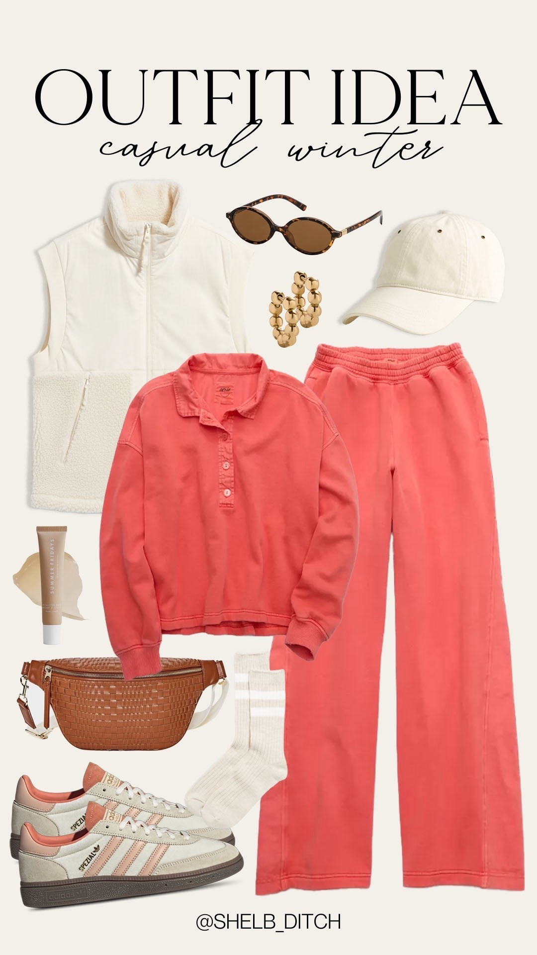 Causal winter outfit idea. Winter style. Winter to spring outfit. Comfy cute winter outfit. Winter sweat set. Early spring outfit. Target fashion. Target Sherpa vest. aerie new arrivals. Target woven bum bag. Coral tan adidas. Colorful winter outfit. 

#LTKSeasonal #LTKootd #LTKgrwm