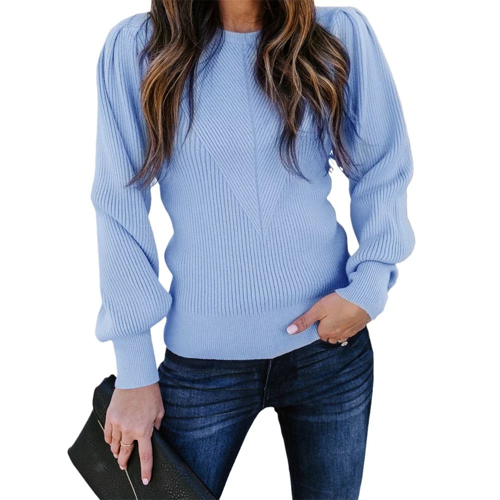 Yskkt Womens Puff Sleeve Pullover Sweaters Crew Neck Knitted Jumper | Walmart (US)