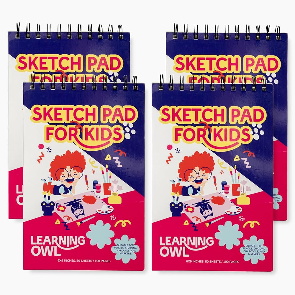 Learning Owl Sketch Pads for Kids, 6x9 inch, 100 Pages, 4 Pack Children Drawing Pads, Spiral Boun... | Amazon (US)