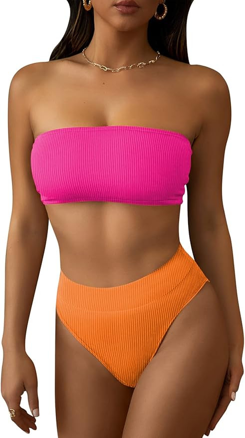 Pink Queen Women's Ribbed High Waisted Bikini Set Removable Strap Bandeau Swimsuit | Amazon (US)