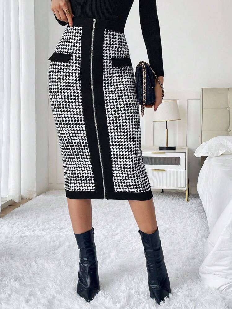 SHEIN Privé Houndstooth Print Zip Up Pencil Skirt | SHEIN