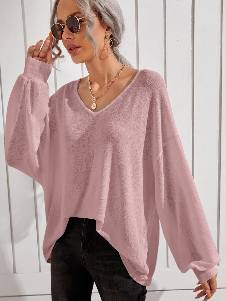 SHEIN Solid Drop Shoulder Lantern Sleeve Tee | SHEIN