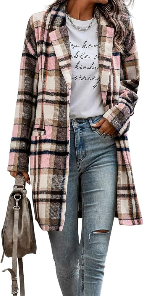Zeagoo Women 2023 Plaid Jacket Mid Length Trench Coat Fall Wool Pea Coat with Pockets | Amazon (US)