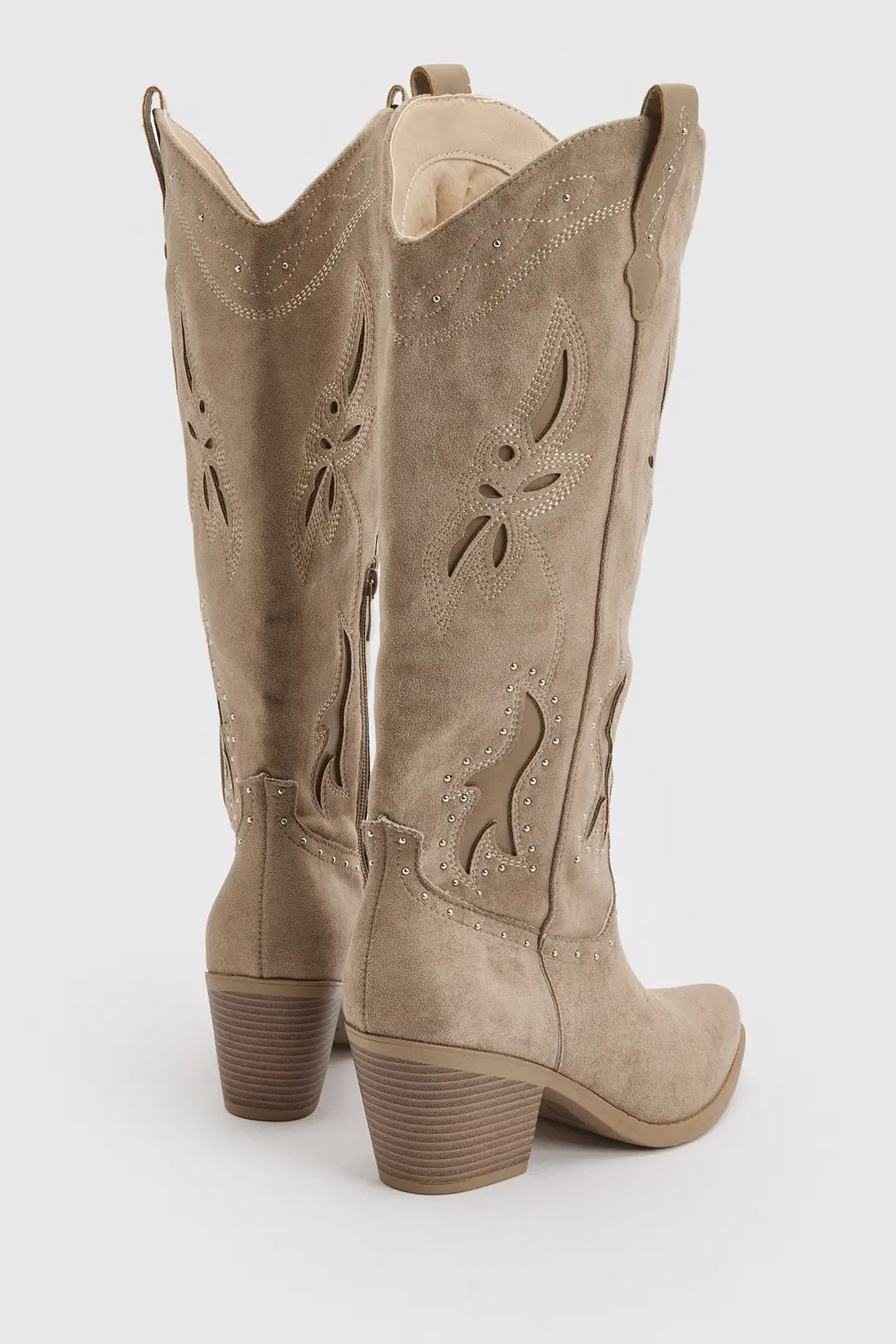 Taupe Faux Suede Cut Out Detail Knee High Western Boots | Boohoo | Boohoo.com (UK & IE)