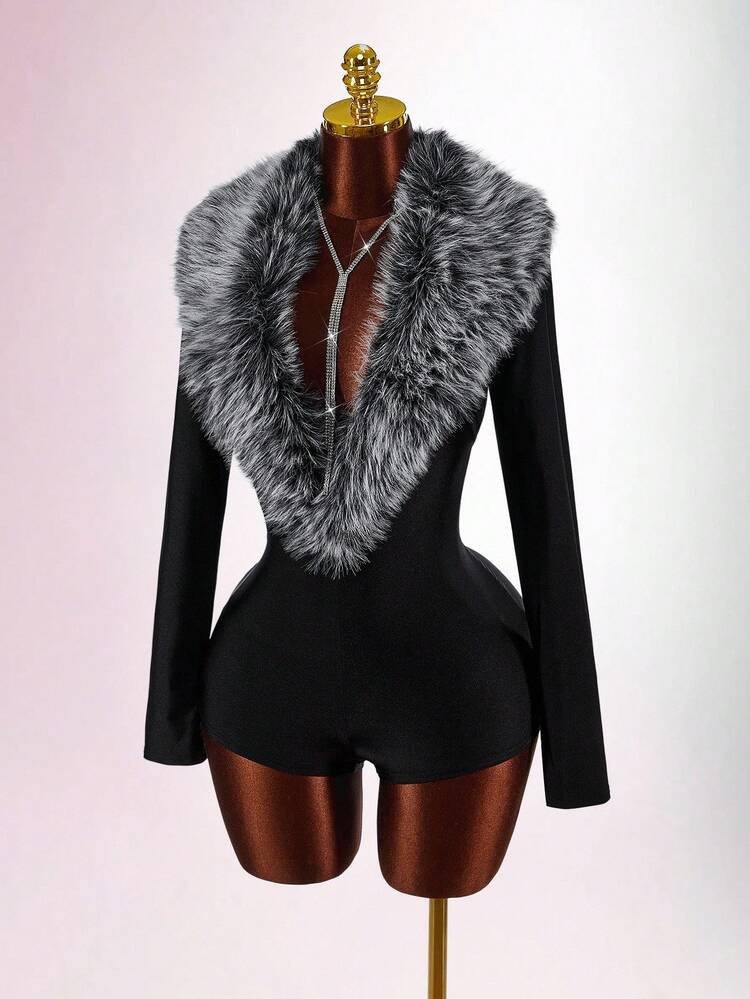 Y2K Amplova Black Winter Clothes For Women Chic Women's Jumpsuit Going Out Tops For Women Furry Collar Splicing Deep V Neck Long Sleeve Romper Unitard,Fall | SHEIN