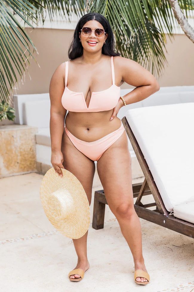 Tropical Splash Peach Ribbed V-Waist Bikini Bottoms | Pink Lily