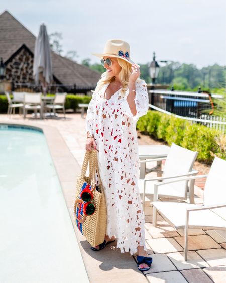 Memorial Day look. Red white & blue, white caftan coverup, Gucci straw bag, red hunza g two piece, Kate spade sandals, patriotic, july 4th look

#LTKswim #LTKSeasonal #LTKstyletip