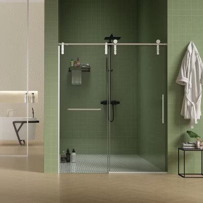 60x70 inch Frameless Sliding Shower Door 5/16 in.(8mm) Thick Tempered Glass Shower Enclosure with Towel Bar | Target