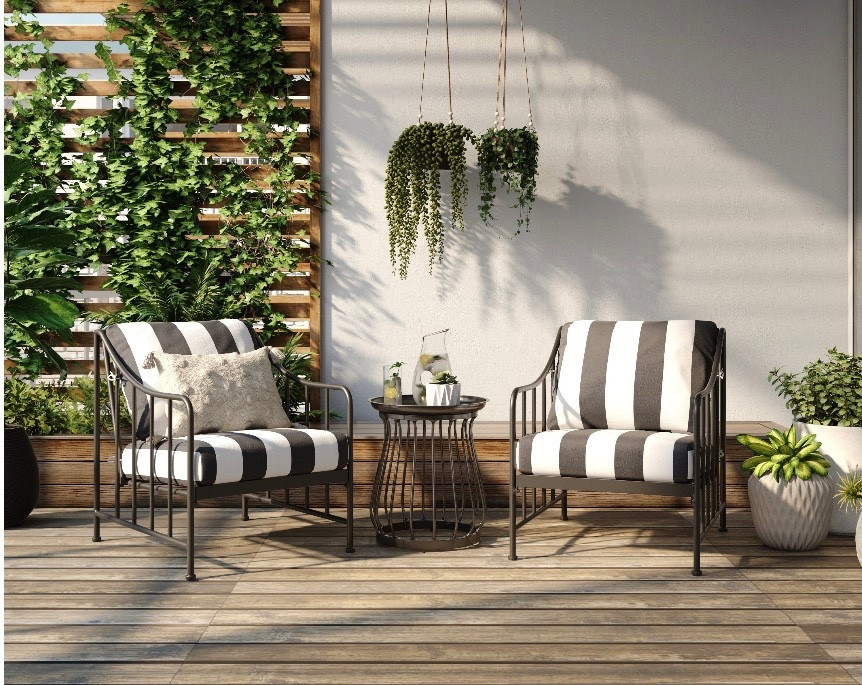 Deck chairs. Black chairs with striped cushions. 
#deckchairs 
#walmarthome

#LTKHome