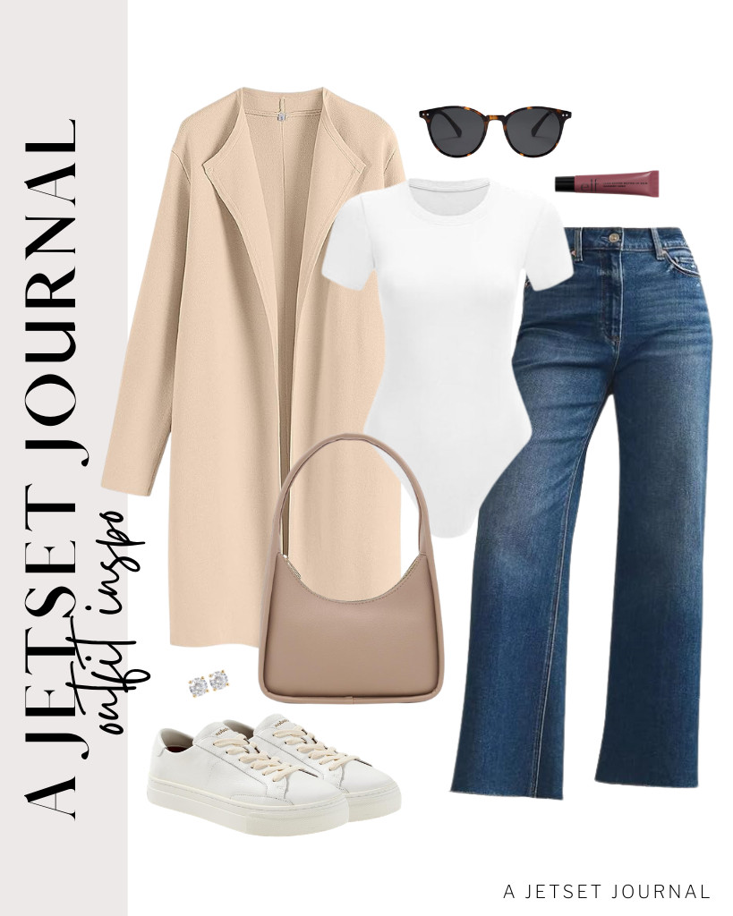 Start by pairing a white crew neck bodysuit with stretchy denim pants. Layer it with an ANRABESS long cardigan and style it with a FashionPuzzle minimalist shoulder bag and sneakers. So chic! 

 #LTKSeasonal #LTKSaleAlert