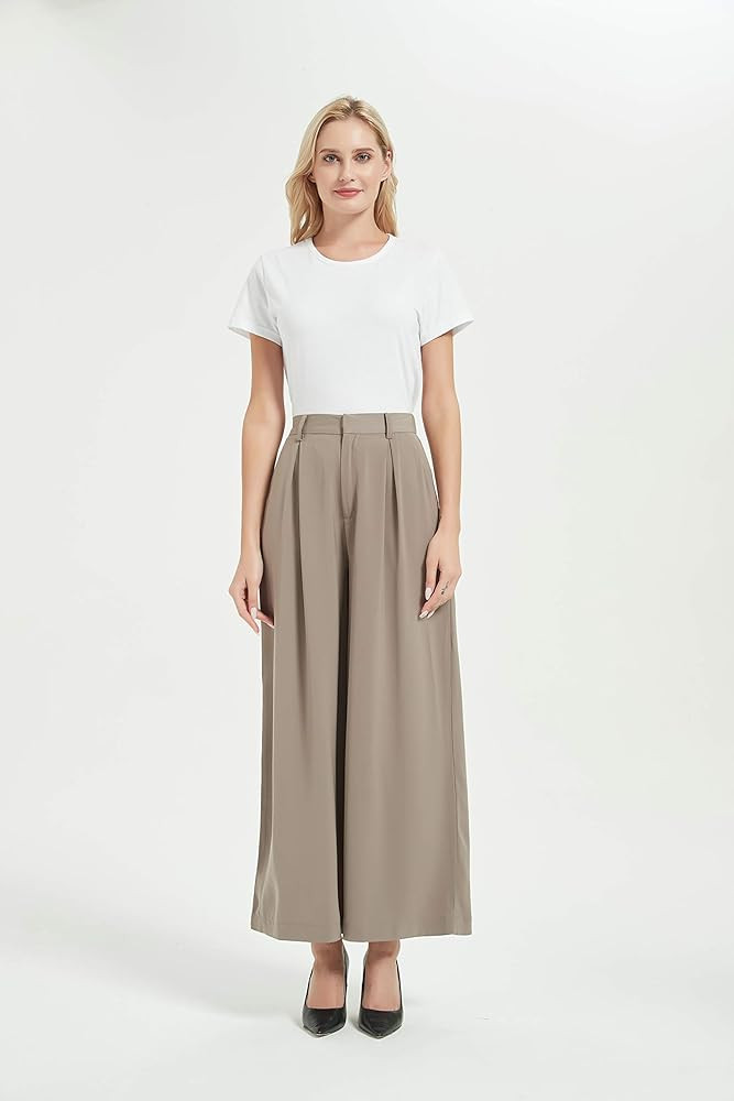 Tronjori Women High Waist Casual Wide Leg Long Palazzo Pants Trousers Regular Size | Amazon (US)