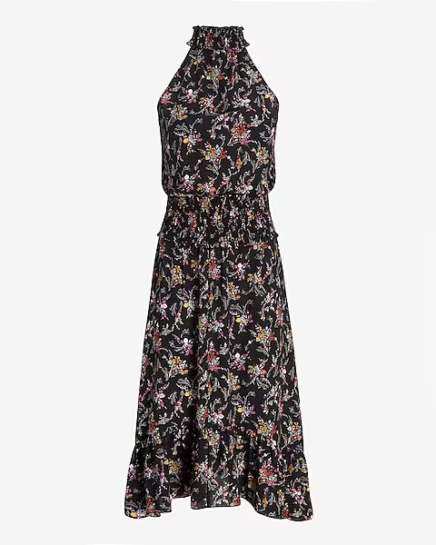 Floral High Neck Smocked Waist Midi Dress | Express