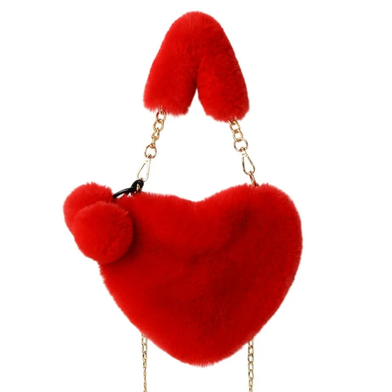 HongHeng Furry Purse for Girls Heart Shaped Fluffy Faux Fur Handbag for Women Soft Small Shoulder... | Walmart (US)