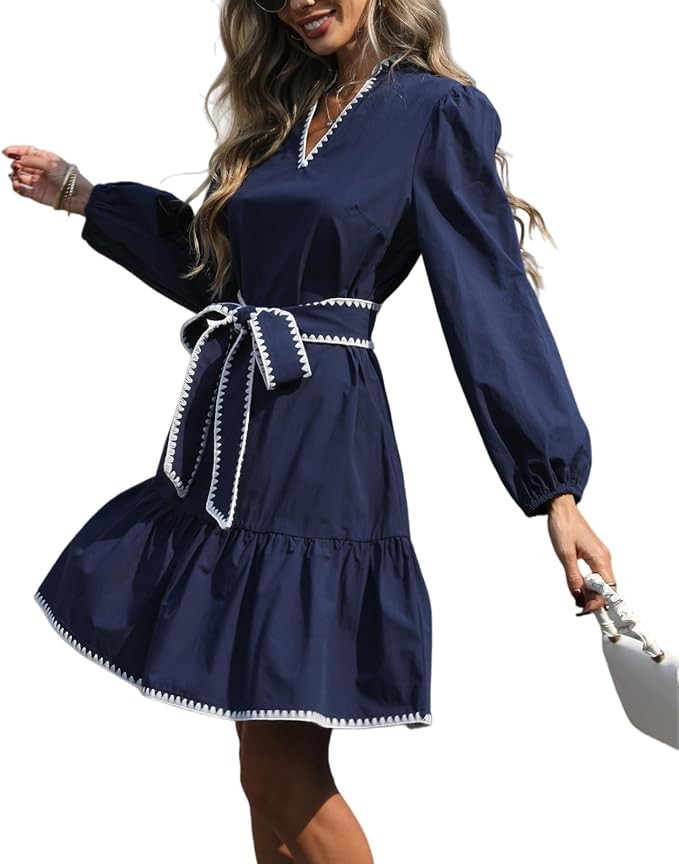 LifeShe Women Tie Front Babydoll Dress V Neck Puff Sleeve Mini Dresses | Amazon (US)