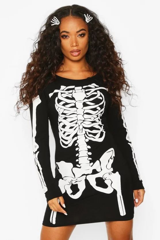Petite Halloween Skeleton Long Sleeve Mini Dress | Boohoo.com (US & CA)