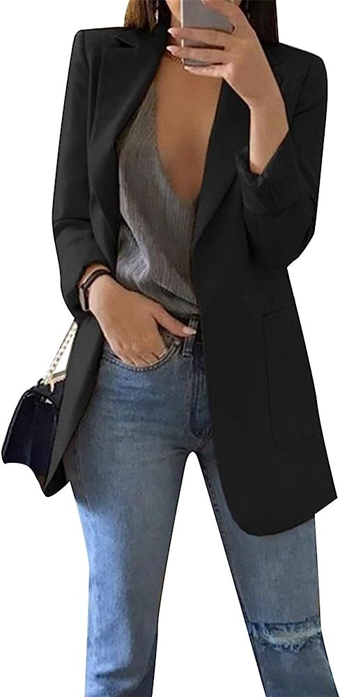 EFOFEI Women's Solid Color Blazer Round Neck Jackets Casual Slim Fit Long Sleeve Blazer Plus Size | Amazon (US)