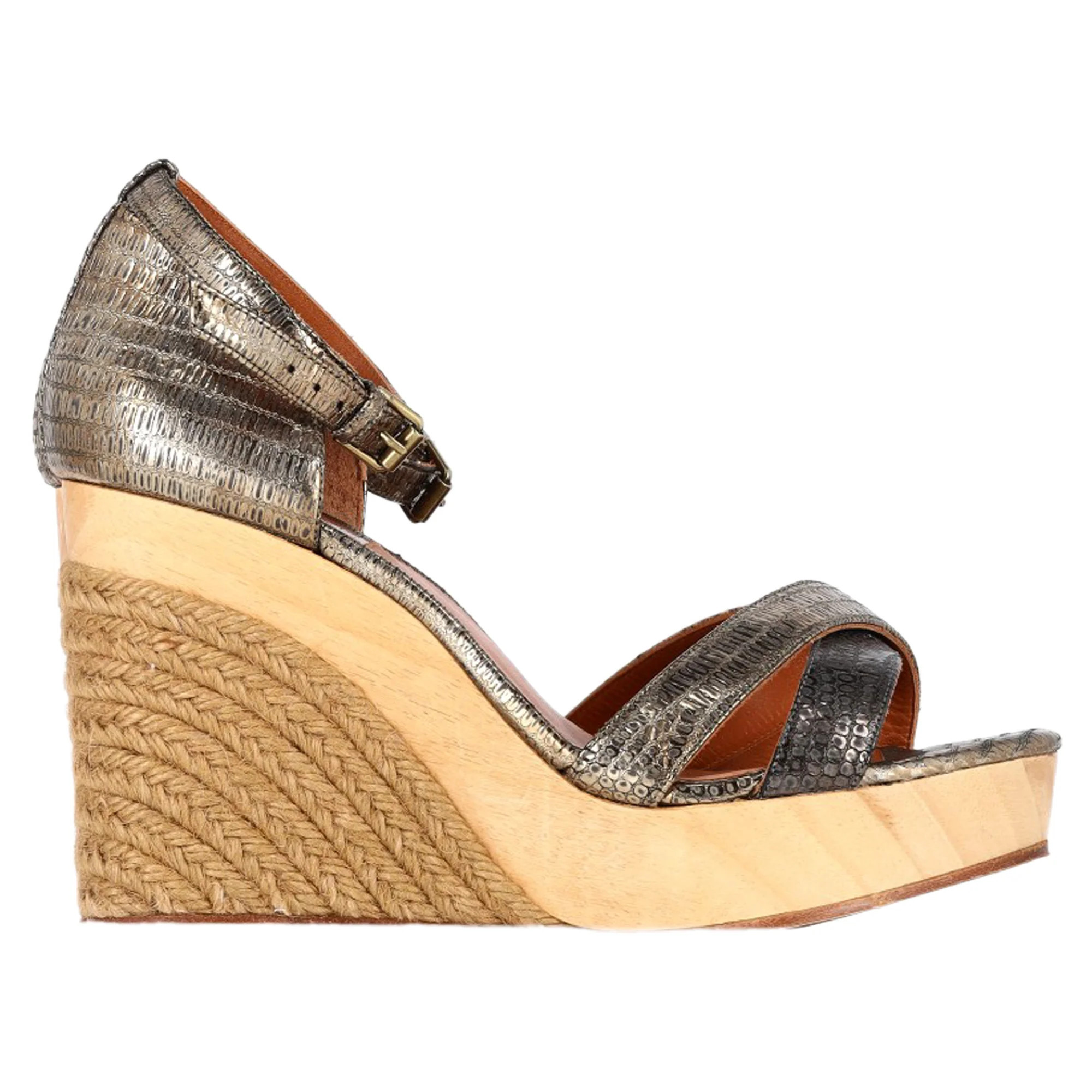 Lanvin Snake-Embossed Espadrille Slingback Wedge Sandals in Silver Leather | Shop Simon