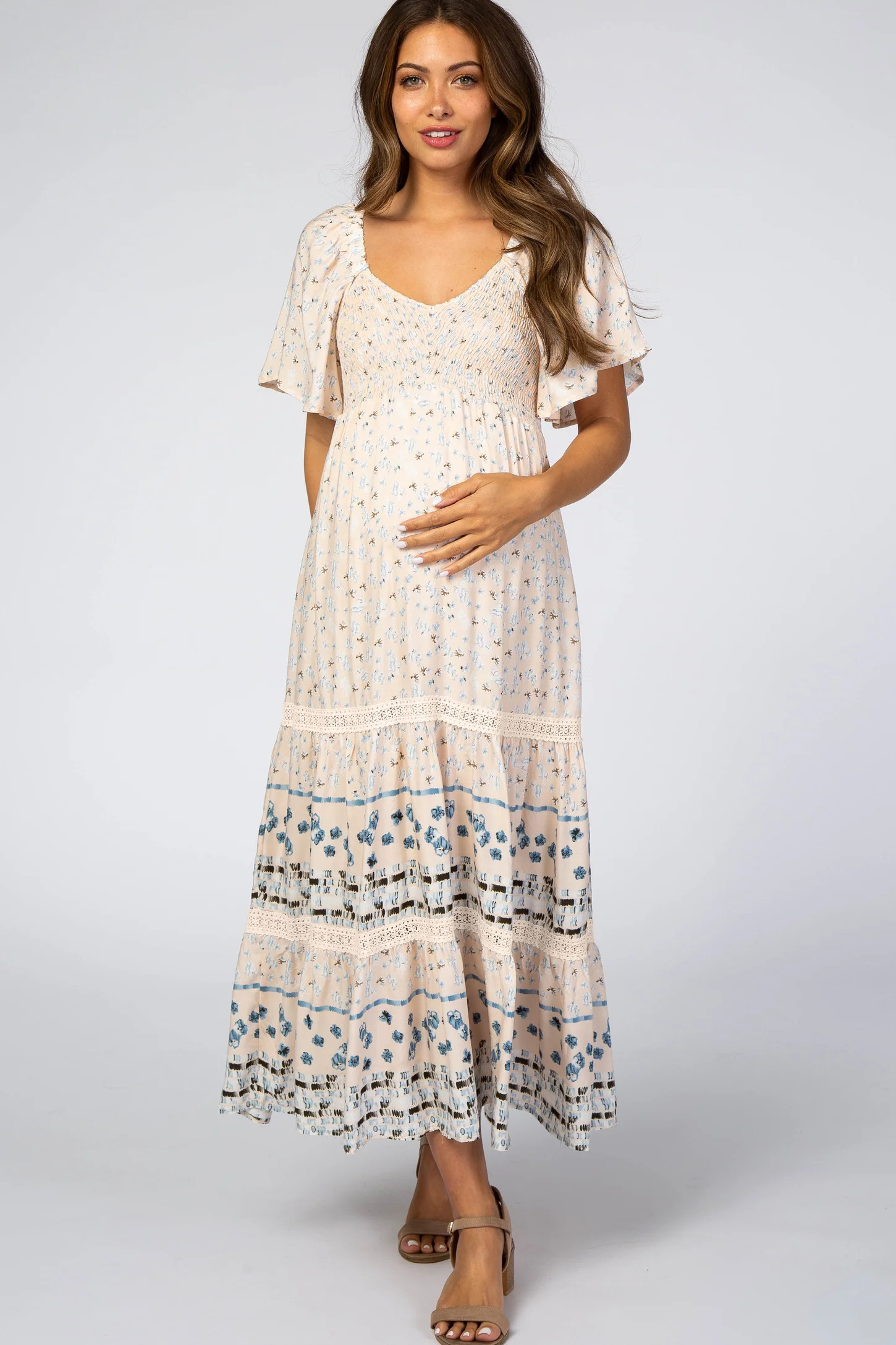 Light Pink Printed Smocked Maternity Midi Dress | PinkBlush Maternity
