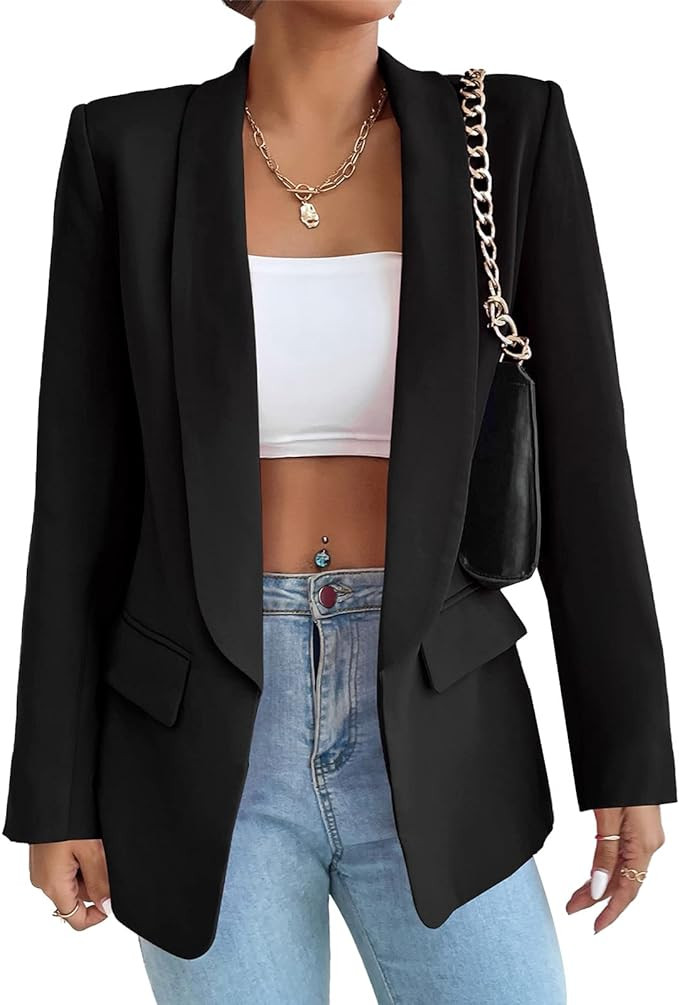 Womens Long Sleeve Blazers Casual Open Front Lapel Button Slim Work Office Blazer Jacket | Amazon (US)