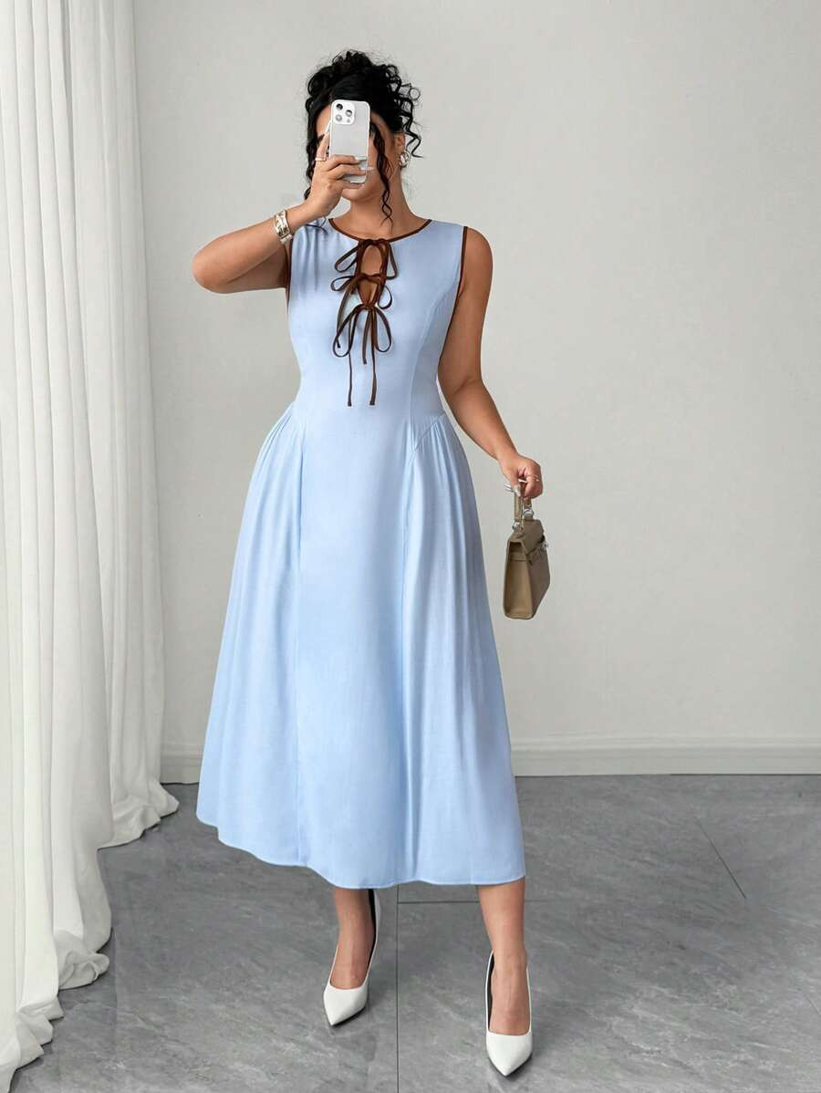 Elenzga Plus Size Women's Elegant Woven Contrast Binding Sleeveless Midi Dress, Light Blue | SHEIN