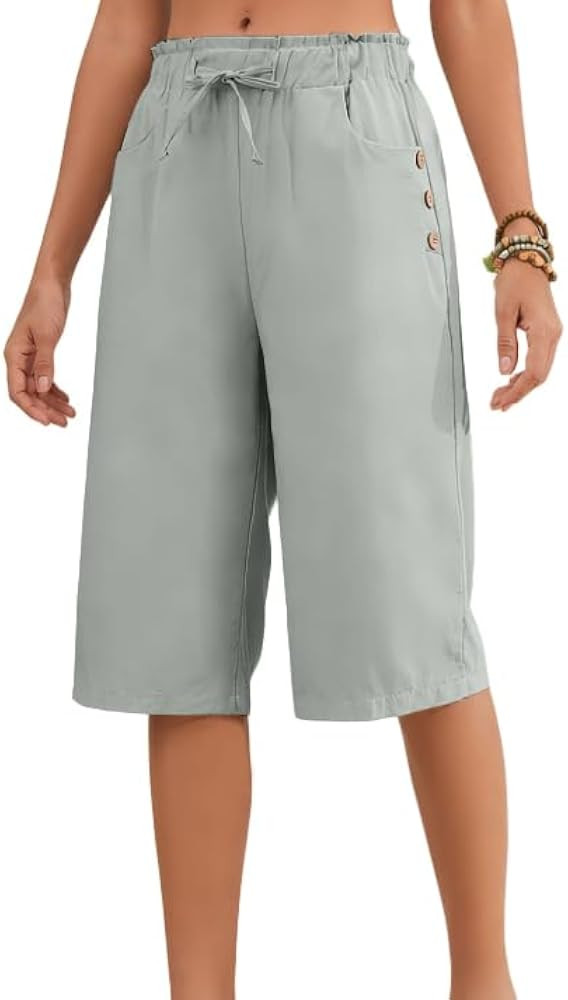 Women Capri Pants Wide Leg Cotton Summer Casual Cropped Pants Drawstring Elastic High Waisted Tro... | Amazon (US)