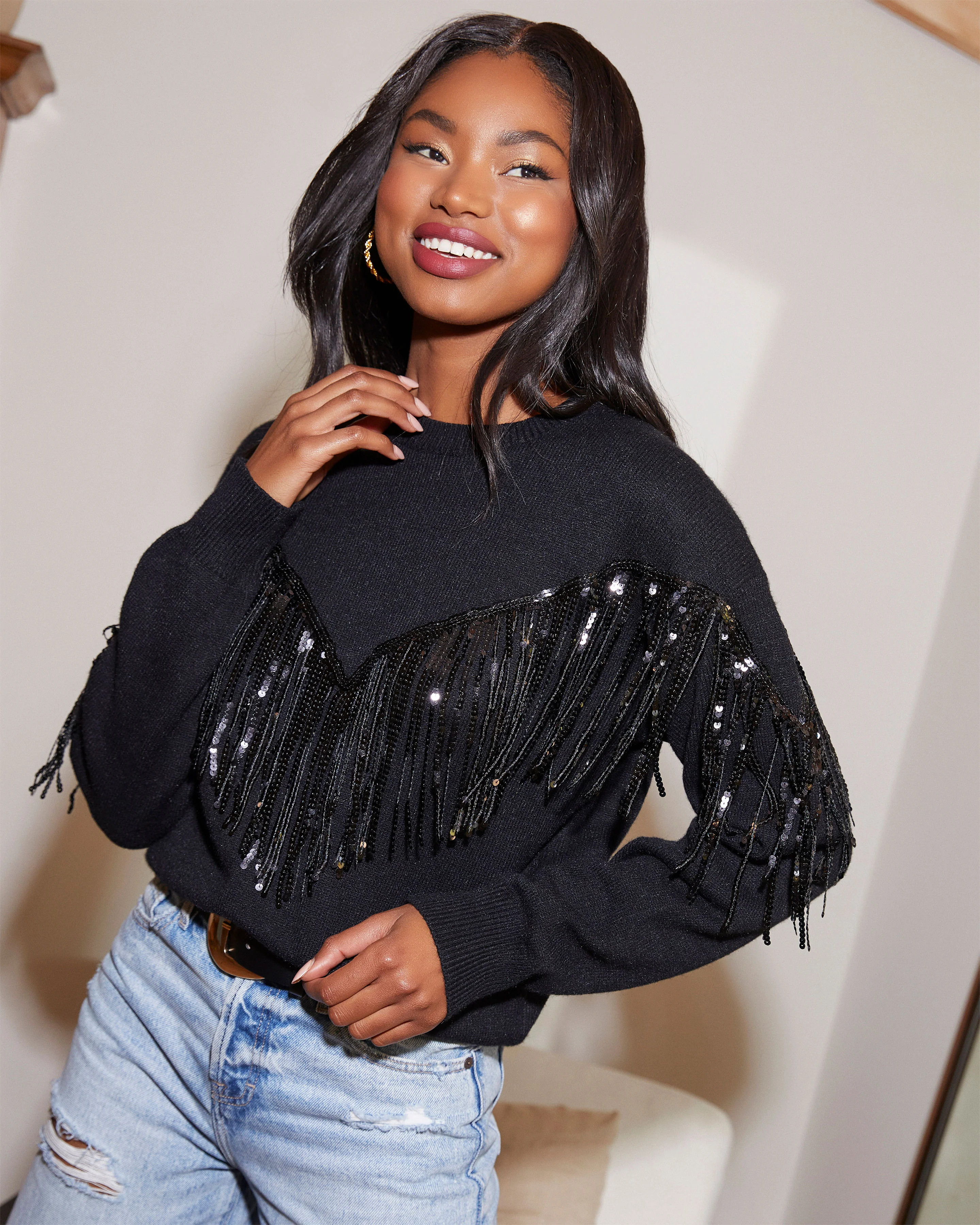 Western Glam Knit Fringe Sequin Pullover Sweater | VICI