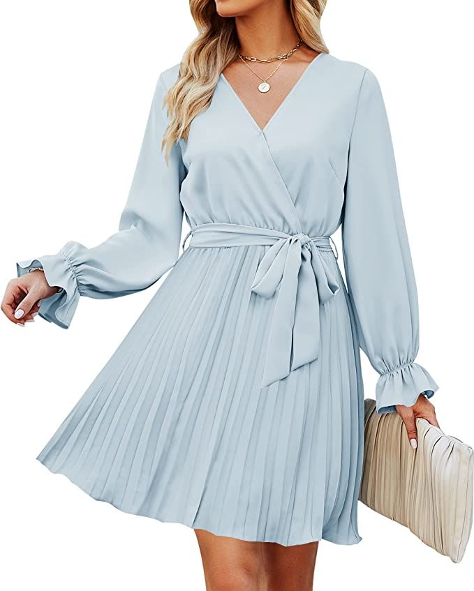 ZESICA Women's Casual Wrap V Neck Long Sleeve Tie Waist Swing Pleated Wedding Guest Mini Dress | Amazon (US)