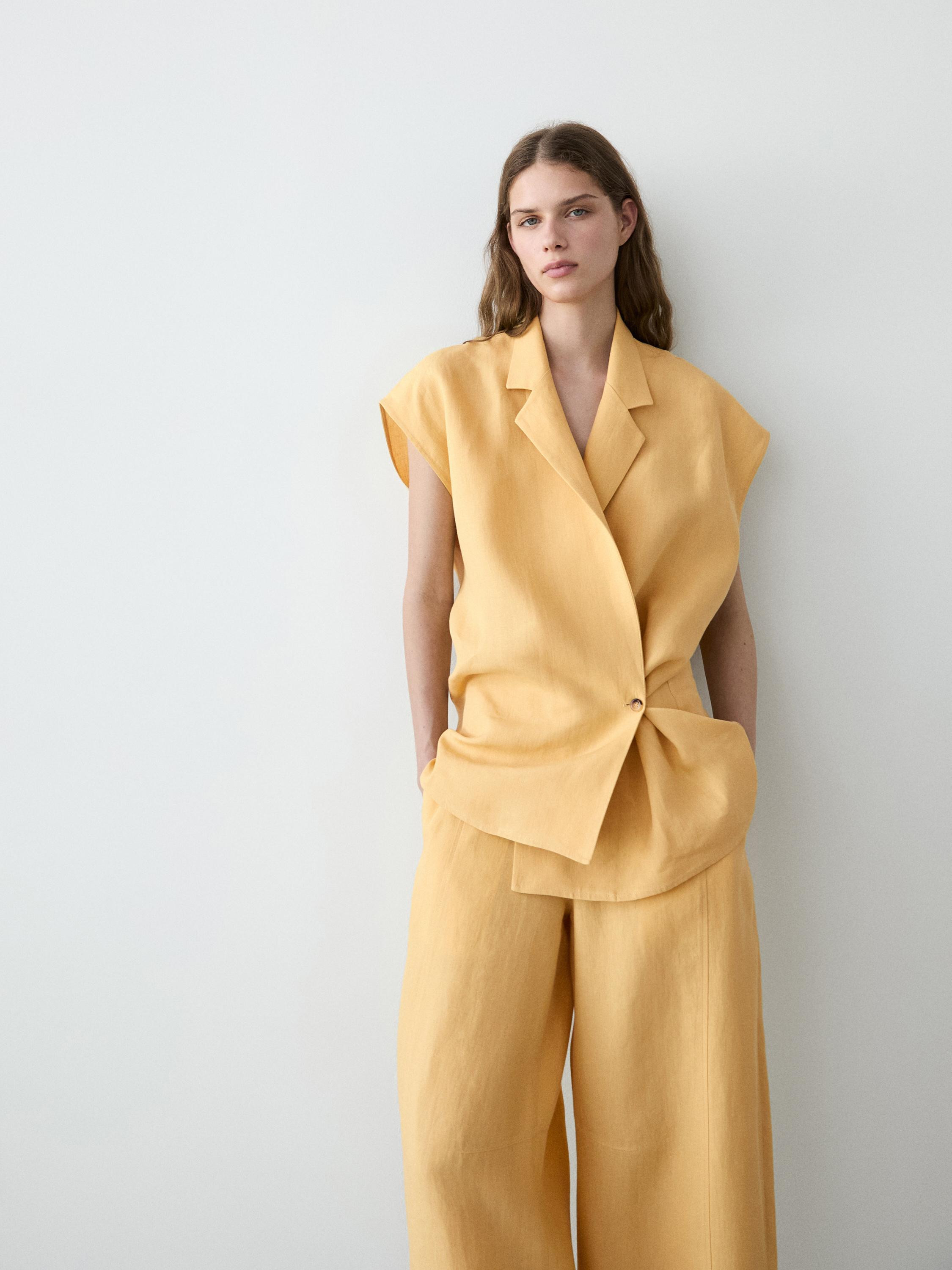 Linen barrel fit trousers · Yellow, Off White · Trousers | Massimo Dutti | Massimo Dutti US