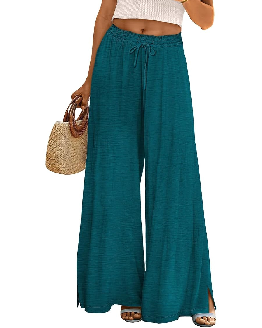 YESNO Women Summer Flowy Wide Leg Pants Drawstring Elastic Waist Casual Lounge Beach Palazzo Trou... | Amazon (US)