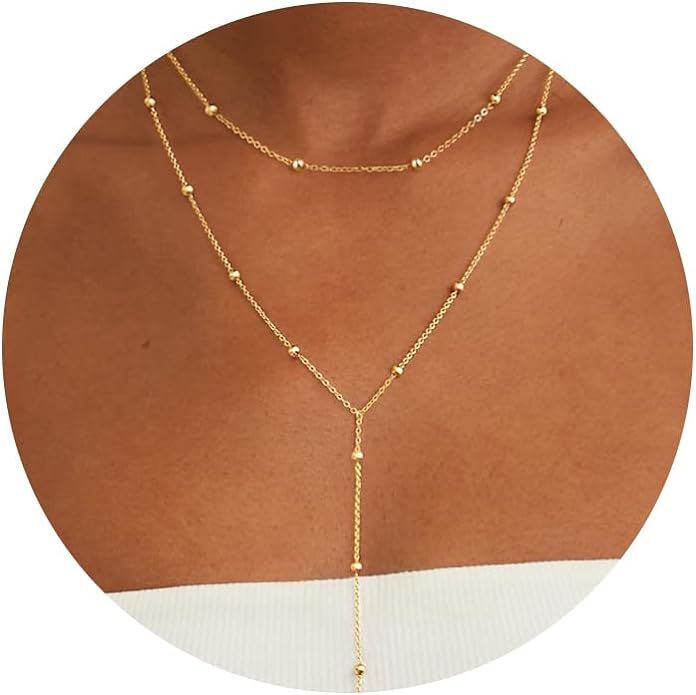 CHESKY Lariat Dainty Gold Necklace for Women, Trendy Y Beaded Necklace 14k Gold Plated/Silver Lay... | Amazon (US)