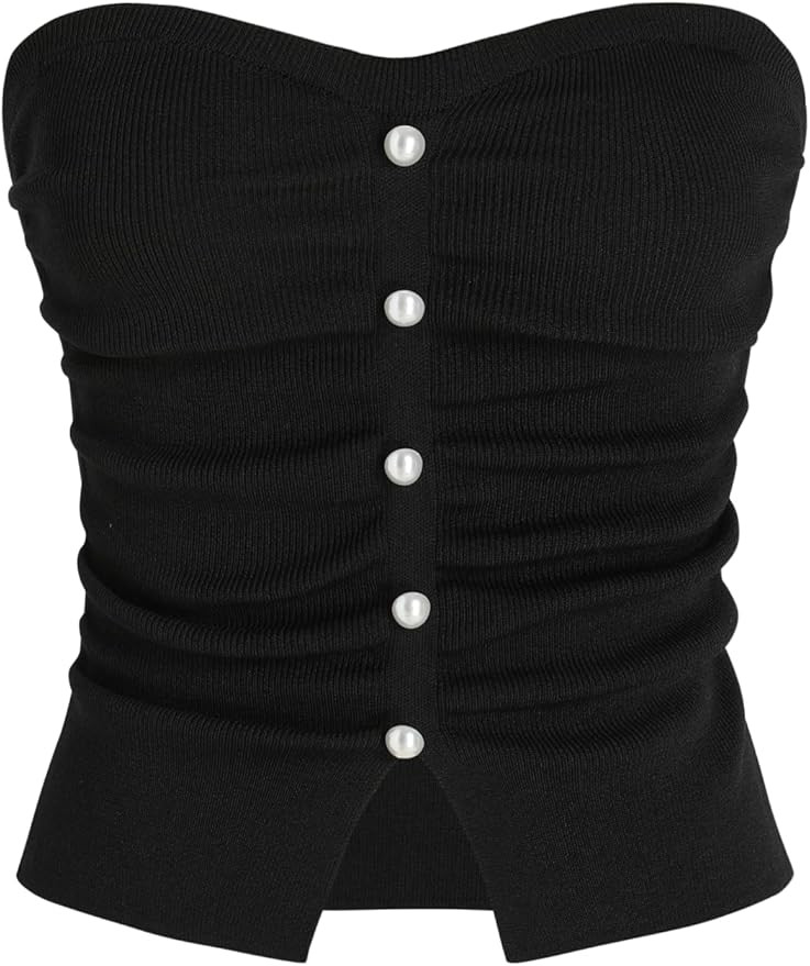 CIDER Faux Pearl Tube Tops for Women Crop Knit Split Hem Ruched Going Out Tops Cute Summer Outfit... | Amazon (US)