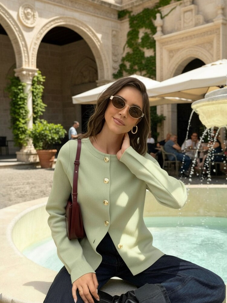 FOR BEAUTY New Autumn And Winter Women's Green Round Neck Single Row Button Knit Top, Fashionable... | SHEIN