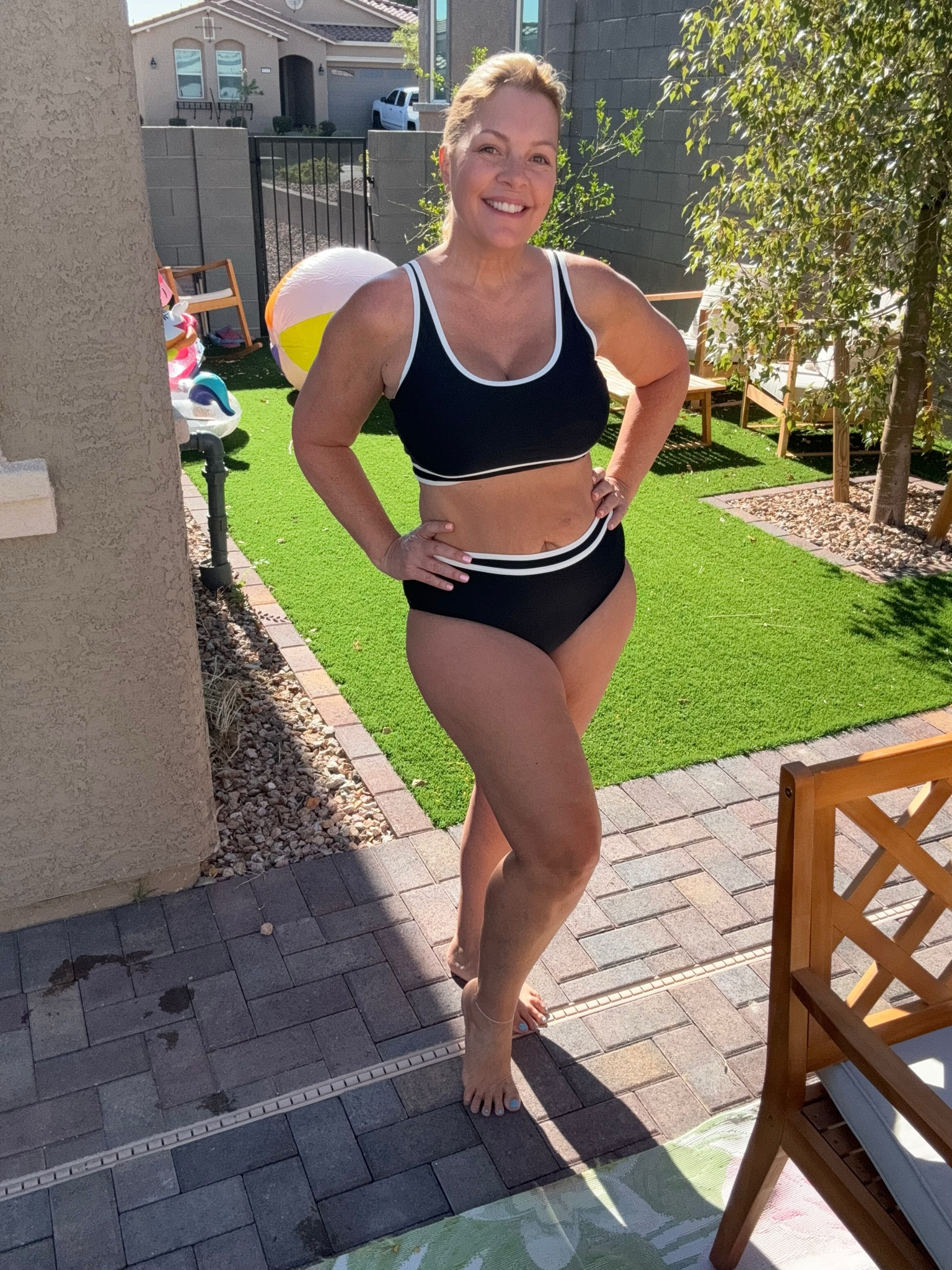 Cute black and white sporty bikini for the summer. It's incredibly comfortable with a soft, stretchy fabric that moves with you. The sporty top offers excellent support, and the high-waisted bottoms provide that extra bit of confidence with their flattering fit. 🖤

#LTKMidsize #LTKOver40 #LTKSwim