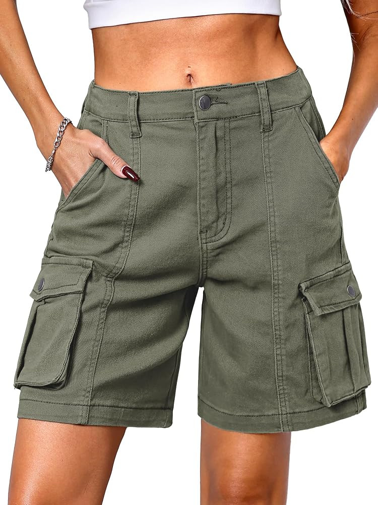 ELLEVEN Cargo Shorts Women High Waisted Bermuda Knee Length Cotton Long Y2K 7 Inch Inseam Summer Hiking Shorts with Pockets Khaki Medium | Amazon.com | Amazon (US)