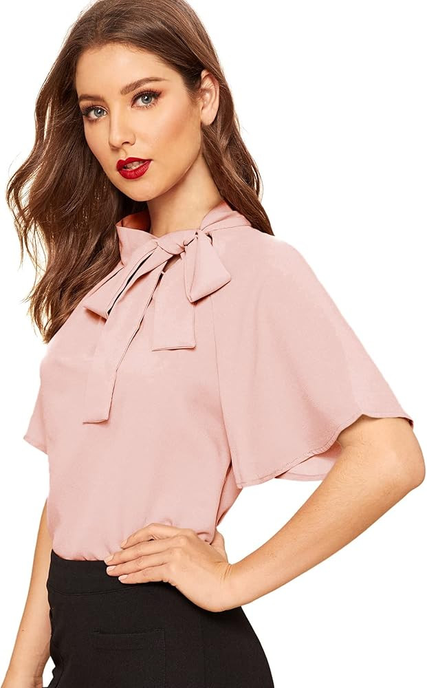 SheIn Women's Casual Side Bow Tie Neck Short Sleeve Blouse Shirt Top | Amazon (US)