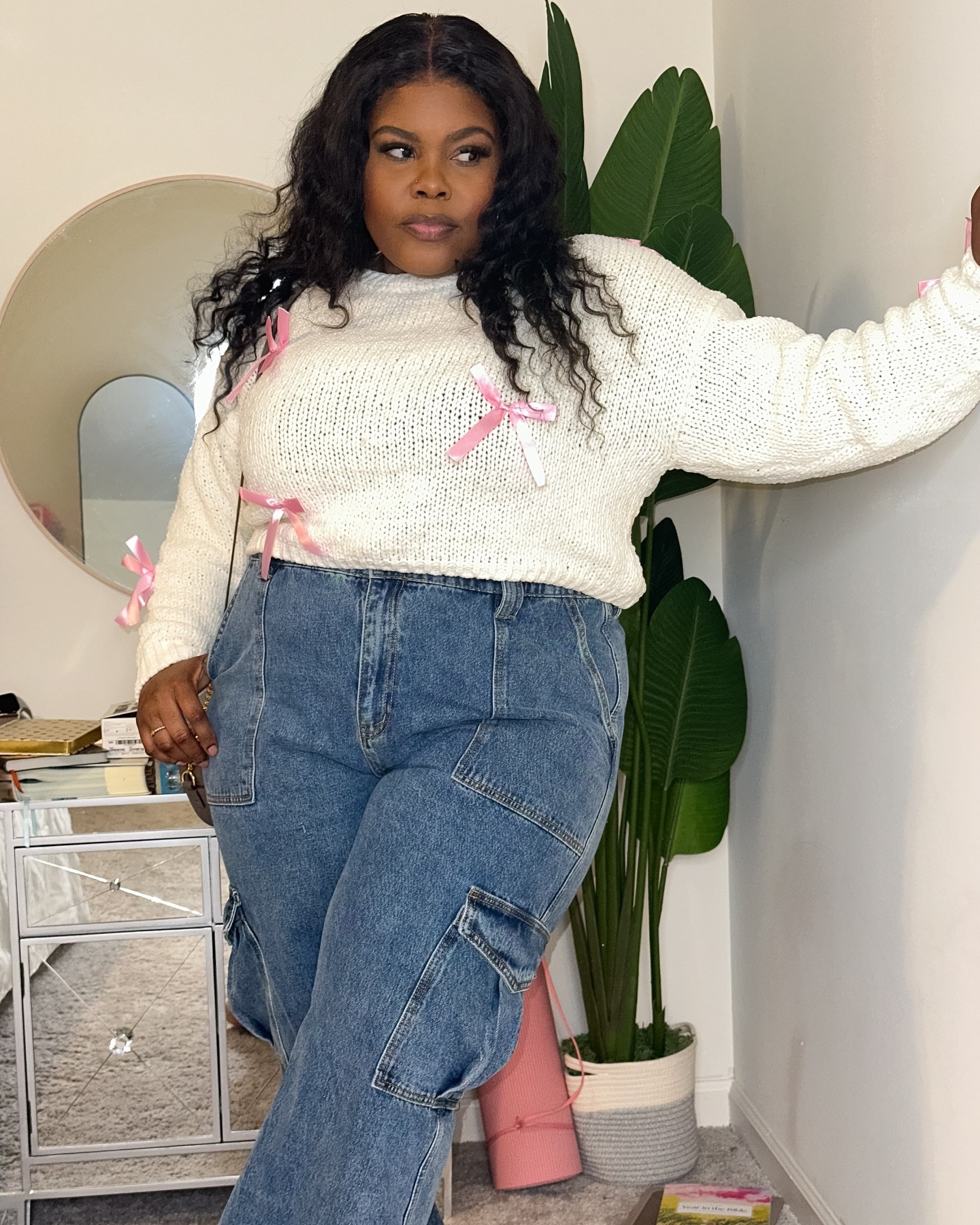 In my soft girl era 🥹….My Fall/Winter closet pretty much consists of sweaters and cargo pants that I’m loving more everyday! It’s giving comfy-chic! #plussizefashion #midsizefashion #girlygirl