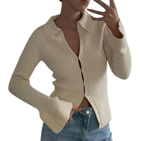 JIEYING Women s Sweater Cardigan Long Sleeve Top Flare Sleeve Bottom Top Beige M | Walmart (US)