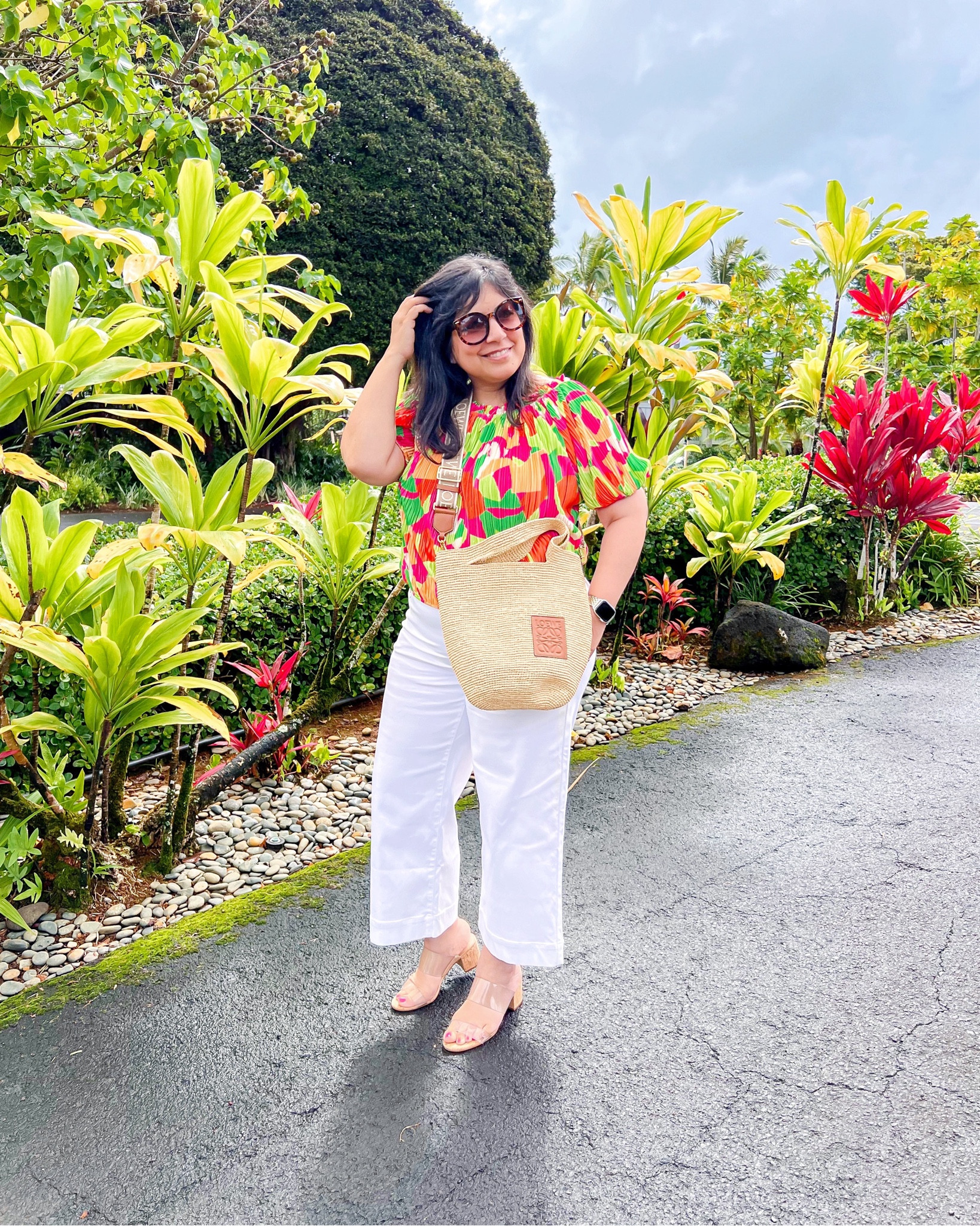 Vacation outfit! Avara colorful top size large. Spanx wide leg cropped pants size XL petite. Schutz sandals true to size. Loewe crossbody raffia bag. All of these pieces make great gifts for the holidays! 

Use code ANITA15 to get 15% off your first purchase at Avara! 

#LTKGiftGuide #LTKTravel #LTKMidsize