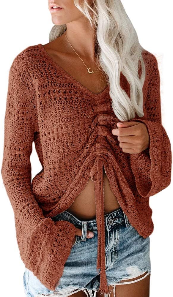 Saodimallsu Womens Boho Off Shoulder Sheer Crop Tops Bell Sleeve Flowy Oversized Crochet Ruched Pull | Amazon (US)