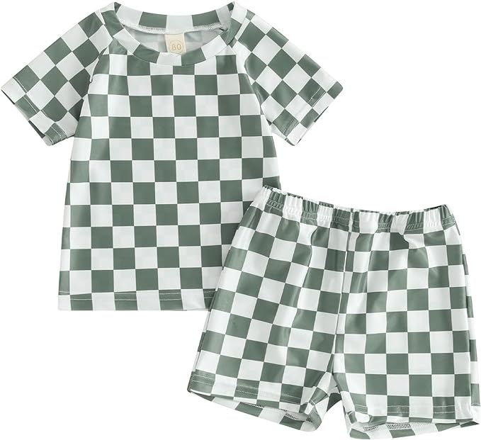 Toddler Baby Boy Summer Swimsuit Checkered Print Short Sleeve Swim Tops Swim Shorts Set Bathing S... | Amazon (US)